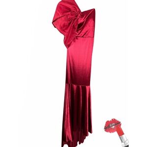 Faeriesty Formal Gown Women Medium Red Puff Bow Shoulder Maxi Prom Wedding Guest